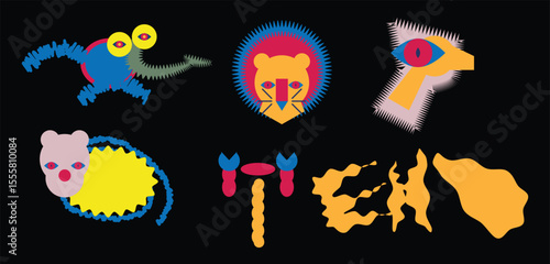 Naive playful abstract shapes sticker pack. Groovy circle oval rectangle arch eyes typography in trendy retro 90s cartoon style. Vector illustration with wavy geometric elements. rtgfgfg