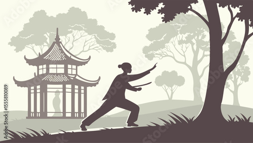 Silhouette of Person Practicing Tai Chi in a Garden Setting.