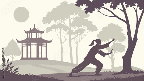 Silhouette of Woman Practicing Tai Chi Near a Pagoda and Trees.