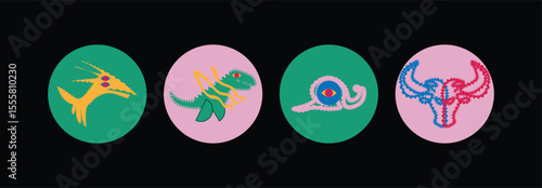 Naive playful abstract shapes sticker pack. Groovy circle oval rectangle arch eyes typography in trendy retro 90s cartoon style. Vector illustration with wavy geometric elements. ferere