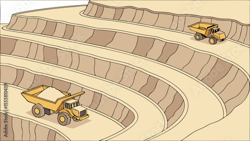 Two Yellow Dump Trucks in an OpenPit Mine.