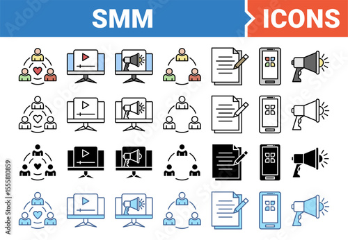SMM concept of social media marketing icon set with multiple style collection.