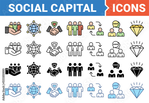Social capital concept for the interpersonal relationship icon set with multiple style collection.