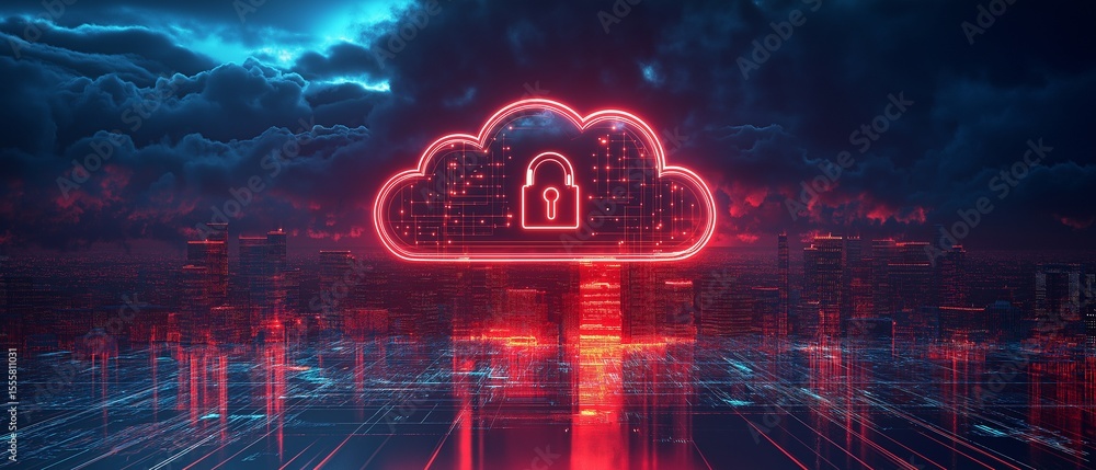futuristic cityscape minimalism cloud with data flow lines and a metallic lock symbol, security futuristic cityscape minimalism cloud with data flow lines and a metallic lock symbol, security