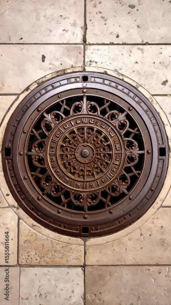 Ornate cast iron manhole cover with floral design, decorative motifs, and geometric patterns, flush with aged stone tiles forming a weathered and textured surface. Ornate cast iron manhole cover with floral design, decorative motifs, and geometric patterns, flush with aged stone tiles forming a weathered and textured surface.