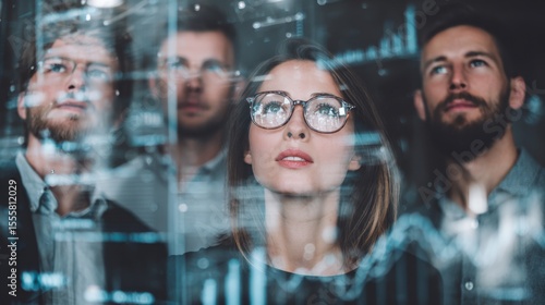 Success-focused business team examining upward metrics on modern digital dashboard.