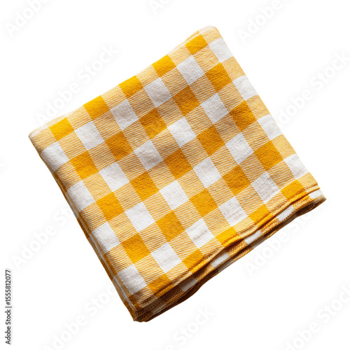 Yellow and white checkered fabric napkin on transparent background