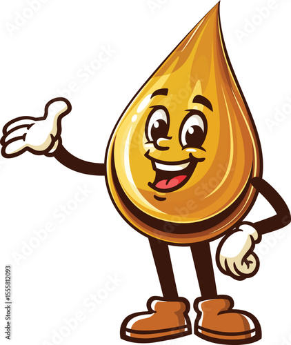 Cartoon oil drop character with welcoming or presenting pose