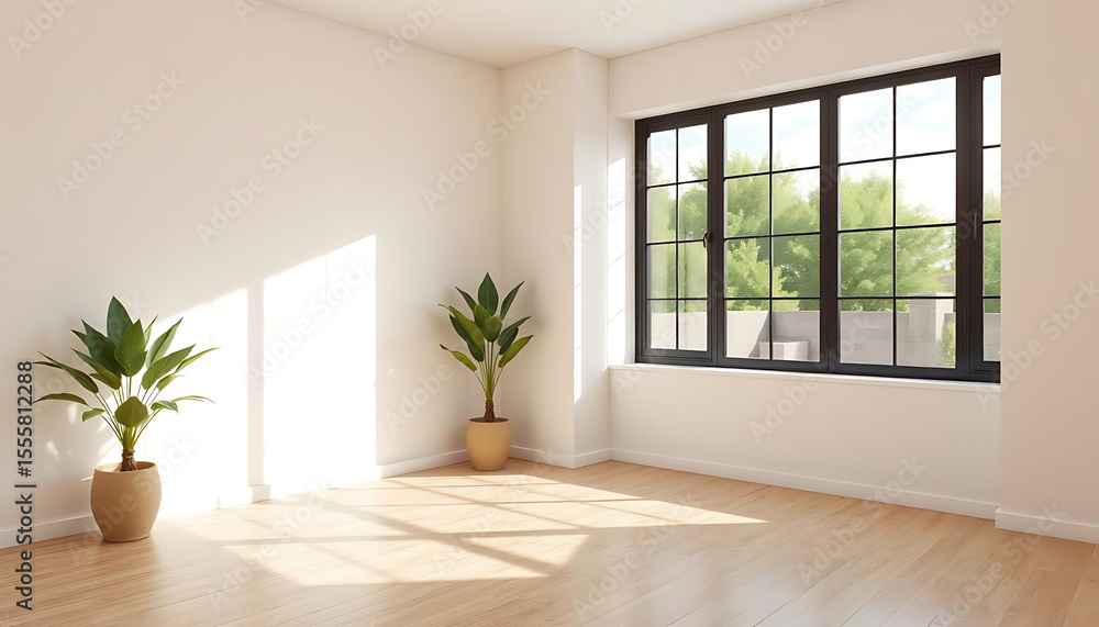 A minimalist, airy room with large black-framed windows allowing abundant sunlight and a clean, uncluttered look, 4K and HD image A minimalist, airy room with large black-framed windows allowing abundant sunlight and a clean, uncluttered look, 4K and HD image