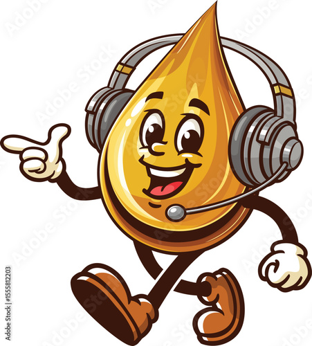 Cartoon oil drop character wearing headset or headphone