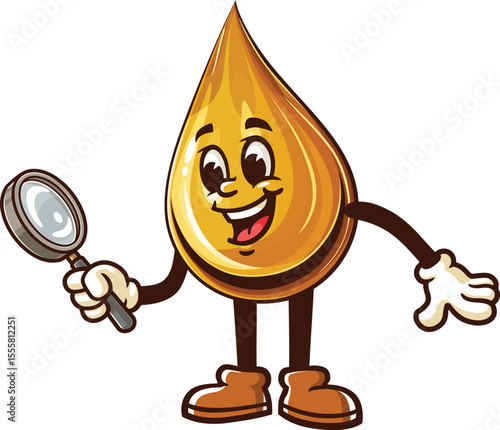 Cartoon oil drop character holding a magnifying glass