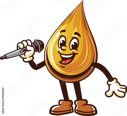 Cartoon oil drop character holding microphone and singing