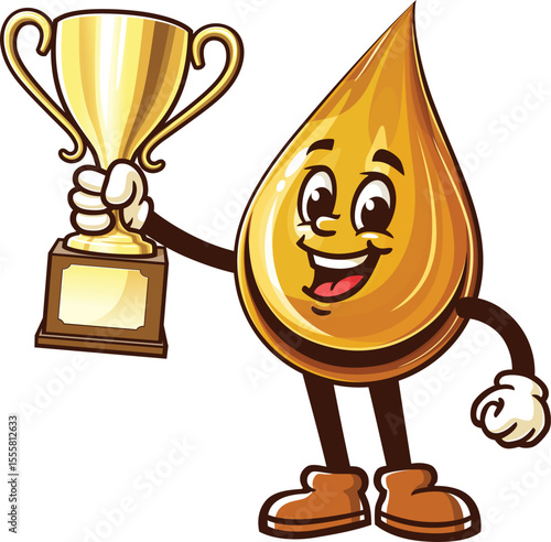 Cartoon oil drop character holding a trophy