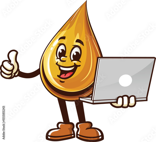 Cartoon oil drop character holding a laptop