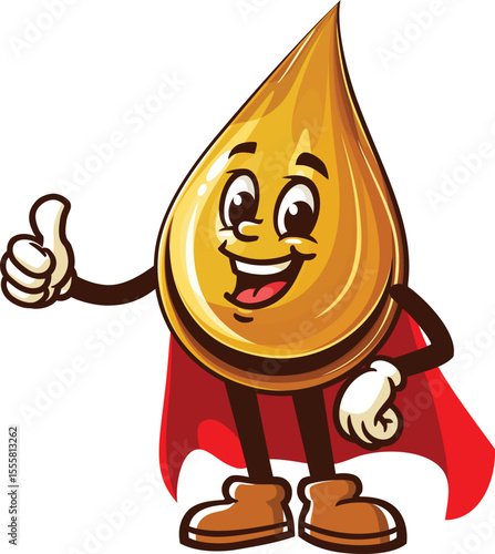 Cartoon oil drop character in caped superhero style
