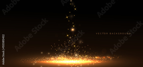 Abstract golden light vertical glowing and lighting effect sparkle on dark background.