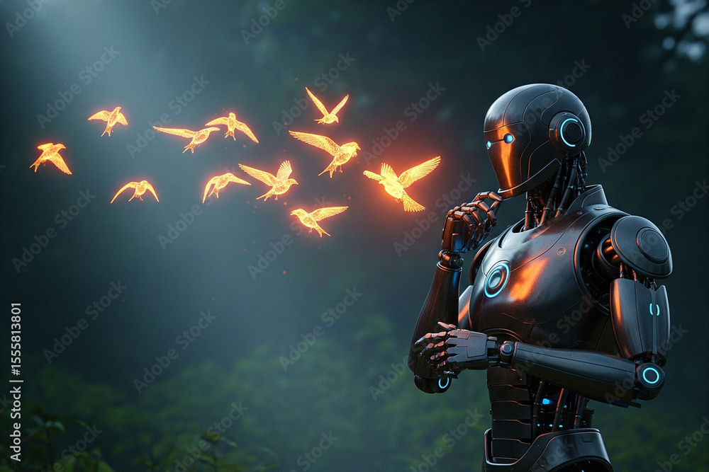 Fototapeta premium A futuristic dark metallic robot stands in a misty, lush green forest at dusk, thoughtfully observing a flock of glowing holographic orange birds