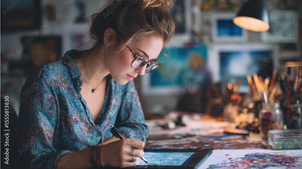 Fototapeta premium Young woman using digital pen on tablet, creative workspace setup, home office.