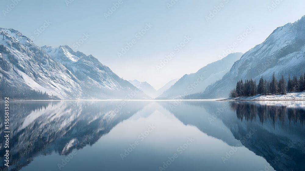 Fototapeta premium Tranquil Mountain Lake Reflecting Morning Sky and Snowy Peaks Serene Wilderness