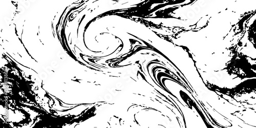 "A stark black and white abstract image featuring swirling, fluid, and organic shapes, reminiscent of marbled ink spreading in water, with distinct eddies and tendrils."