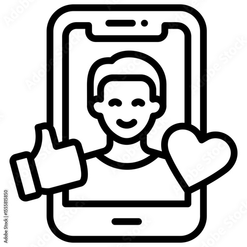 Influencer Post Outline Style Icon - Person on smartphone screen with thumbs up and heart, indicating influencer or social endorsement