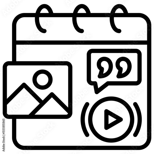 Media Schedule Outline Style Icon - Calendar page with media thumbnails, representing a visual content calendar or publishing planner