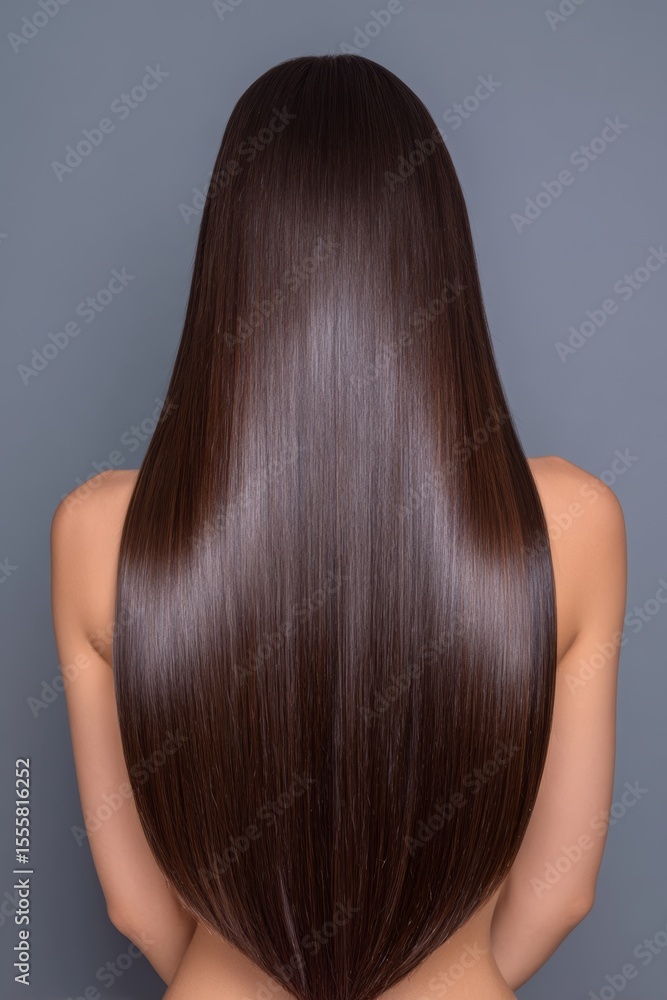 Shown from behind, the woman in the image has long brown hair Shown from behind, the woman in the image has long brown hair
