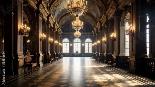 Wallpaper Mural Elegant grand hall with chandeliers, arched windows, and checkered floor in a classic architectural style, creating an opulent and majestic ambiance Torontodigital.ca