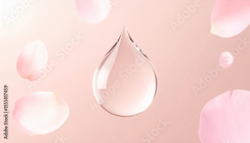 しずくの透明美　優雅に浮かぶ水と花びらの幻想的な瞬間　スキンケアや美容系の広告の背景