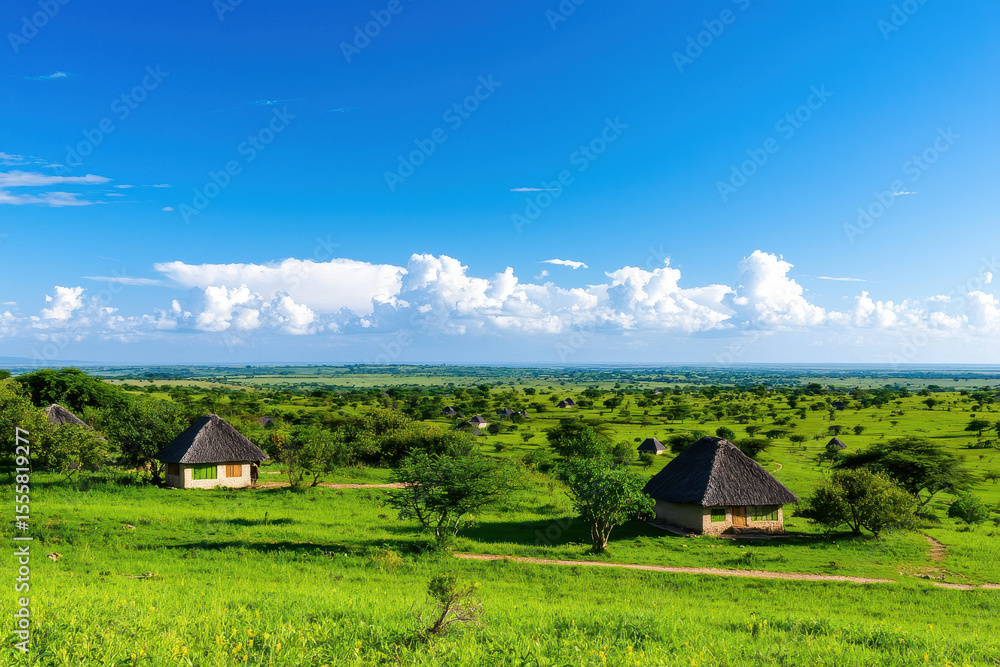 Fototapeta premium Serene landscape featuring traditional huts in lush green village, under bright blue sky with fluffy clouds