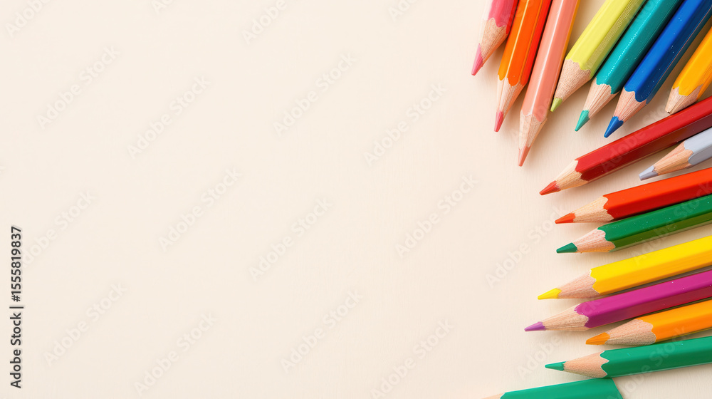 Fototapeta premium Colorful pencils arranged on light background create vibrant and artistic atmosphere, perfect for creativity