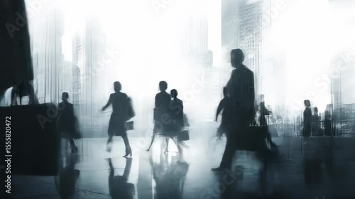 The video's blurred background shows a dynamic scene of individuals moving through a metropolitan area, emphasizing their movement and the hustle of a crowded place.