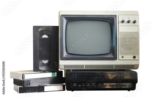 Old vintage TV with VCR and video cassettes isolated on white background.