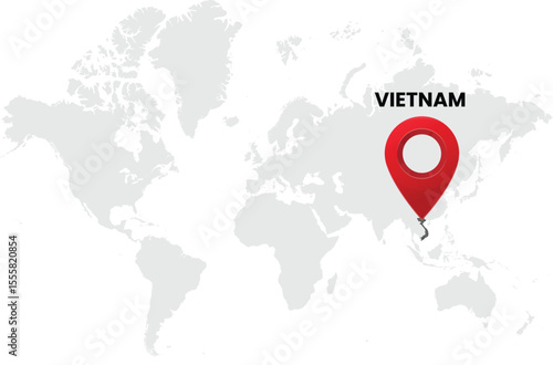 World map on white background. World map with country vietnam highlighted with location symbol. Vector illustration of map and pin location of vietnam country.