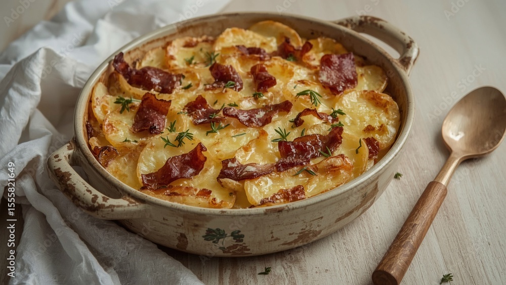 A bubbling Tartiflette fresh from the oven in a rustic ceramic baking dish, layers of golden potatoes, crispy bacon, and melted Reblochon cheese on top, with a wooden serving spoon nearby. A bubbling Tartiflette fresh from the oven in a rustic ceramic baking dish, layers of golden potatoes, crispy bacon, and melted Reblochon cheese on top, with a wooden serving spoon nearby.