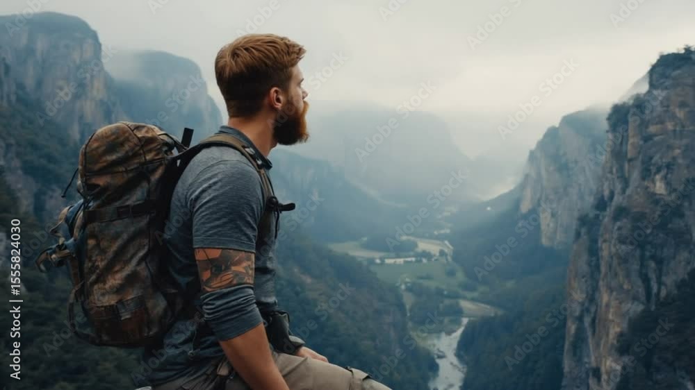 Mountain Cliff Explorer Portrait, Bearded Solo Hiker in Valley, bearded hiker man overlooking valley from mountain cliff edge, hiker man mountain, hiker man valley Mountain Cliff Explorer Portrait, Bearded Solo Hiker in Valley, bearded hiker man overlooking valley from mountain cliff edge, hiker man mountain, hiker man valley