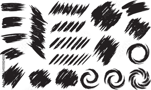 Collection of diverse black ink brush stroke textures and swirling paint splatters on a clean white background