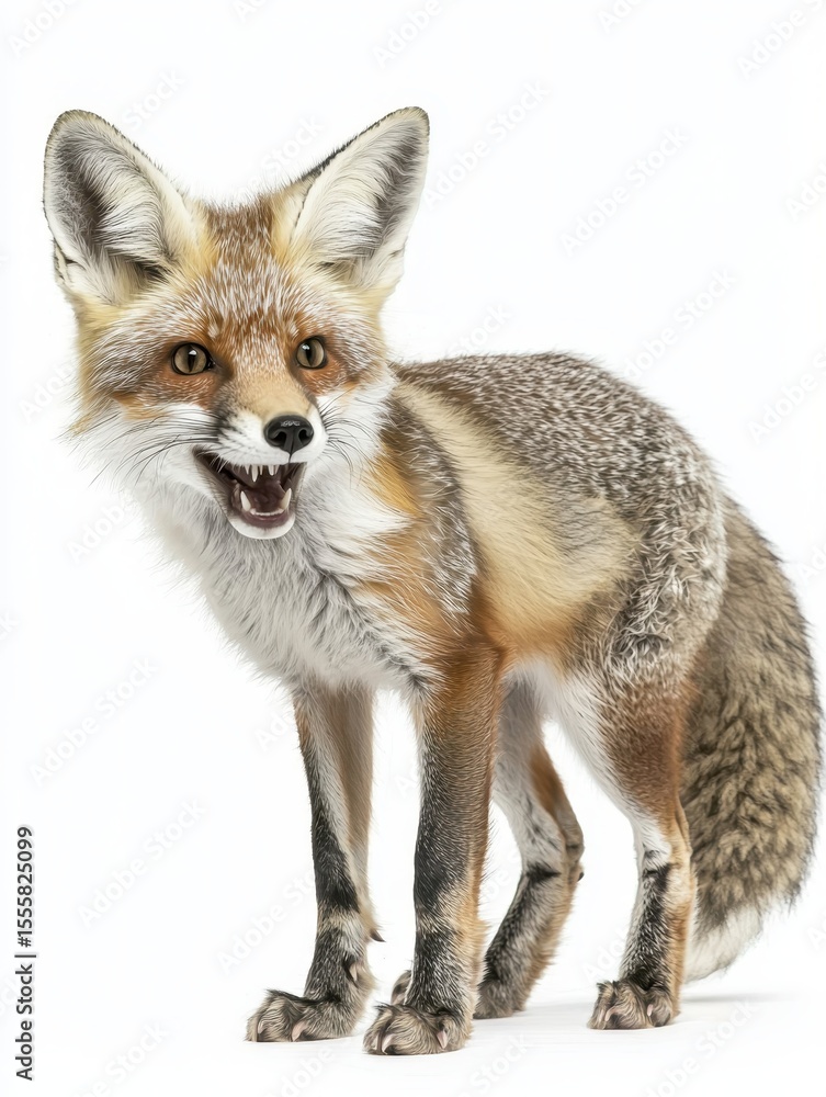 Fototapeta premium Red Fox with mouth open standing, isolated on white