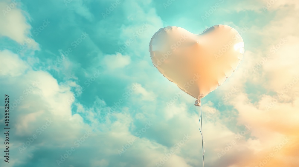 Fototapeta premium Heart Shaped Balloon Floating Among Clouds in a Dreamlike Sky Panorama