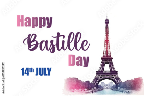 Happy Bastille Day July 14th celebration vector. Colorful artistic depiction of Bastille Day, featuring the Eiffel Tower and celebration text, commemorating France's National Day 