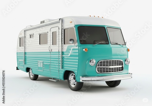 Vintage Teal and White Camper Van on White Background