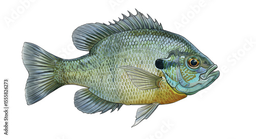 Detailed Illustration of a Bluegill Fish watercolor png, transparent isolated nackground