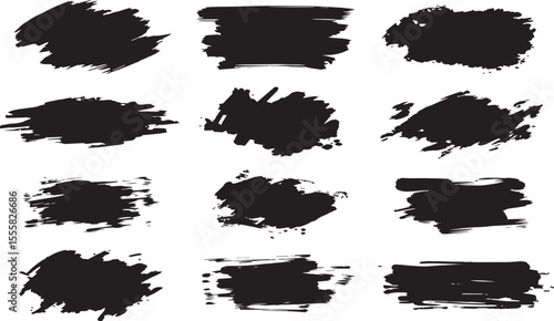 Collection of twelve diverse black ink brush stroke splatters and paint smears on a clean white background