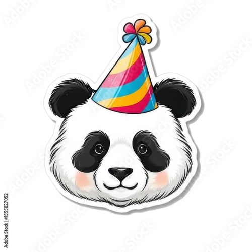Adorable Panda Bear Wearing a Colorful Party Hat on White Background