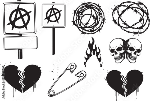 Collection of black and white punk rock and gothic imagery including anarchy symbols on signs barbed wire flames skulls broken hearts and safety pins