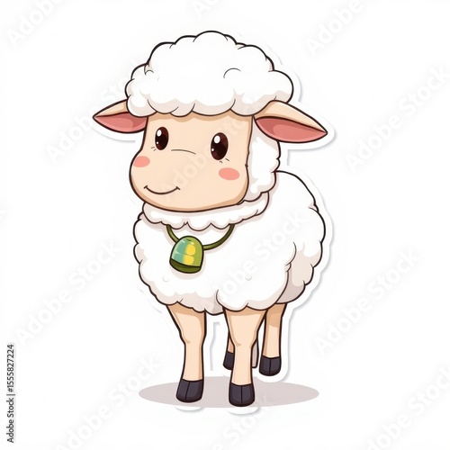 Adorable White Cartoon Lamb with Bell, Pixel Art Illustration