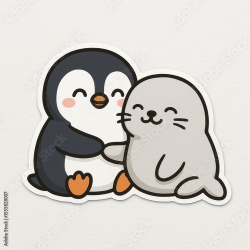 Cute Penguin and Seal Embrace Cartoon Illustration
