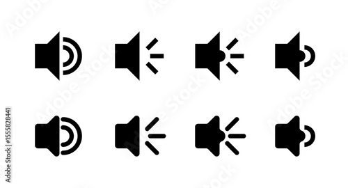 Set of simple black speaker icons showing various sound levels and mute options. Essential for user interfaces, app designs, and multimedia project needing clear audio controls and feedback indicator