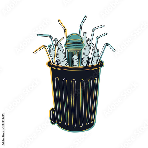 Overflowing Trash Can with Plastic Bottles and Straws Illustration.