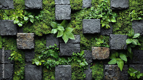 Lush greenery and stone wall design urban setting nature photography modern aesthetic close-up view eco-friendly concept